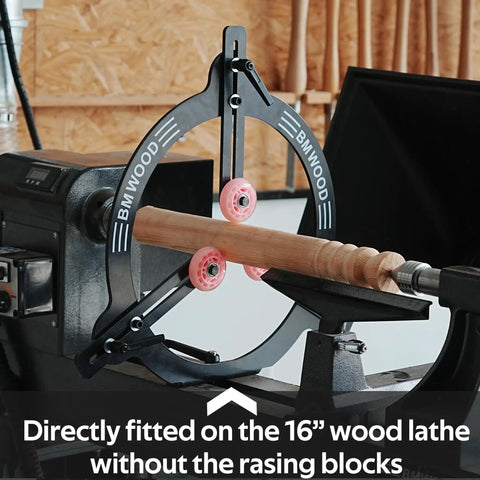Heavy Duty Woodturning Steady Rest With Triple Rubber Rollers For 16 18 20 Inch Swing Lathes mounted on a 16-inch lathe with wood piece.