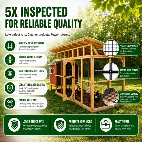 Tough As Nails Black Vinyl Coated Hardware Cloth One Quarter Inch Mesh Wire Fencing Roll 48 inch width for chicken coop construction.