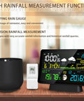 Smart Wireless Rain Gauge And Weather Station With Outdoor Thermometer Hygrometer Atomic Clock Forecast And Barometer Self Emptying Rain Gauge For Accurate Rain Tracking And Home Weather Monitoring; black self-emptying rain gauge, color display with atomic clock