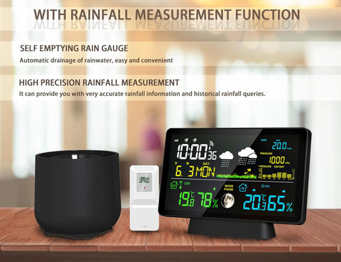Smart Wireless Rain Gauge And Weather Station With Outdoor Thermometer Hygrometer Atomic Clock Forecast And Barometer Self Emptying Rain Gauge For Accurate Rain Tracking And Home Weather Monitoring; black self-emptying rain gauge, color display with atomic clock