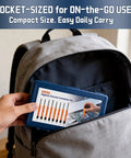 Person placing All In One Precision Screwdriver Set With Magnetic Tips And Storage Case into a backpack, showcasing its compact size.