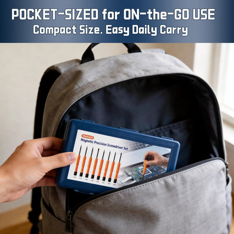 Person placing All In One Precision Screwdriver Set With Magnetic Tips And Storage Case into a backpack, showcasing its compact size.