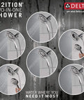 Arvo 14 Series Chrome Shower Faucet Set With In2ition 2-In-1 Dual Shower Head And Handheld Spray, various spray modes shown