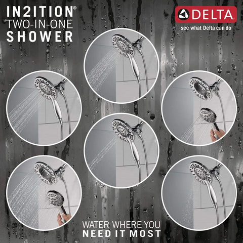 Arvo 14 Series Chrome Shower Faucet Set With In2ition 2-In-1 Dual Shower Head And Handheld Spray, various spray modes shown