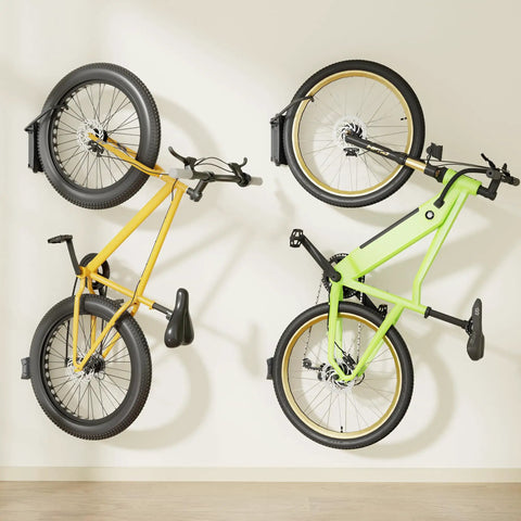 Fat Tire Bike Wall Mount Swivel Hanger Holds 4.5 Inch Wide Tires Up To 77 Lbs holding yellow and green bikes on wall