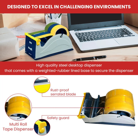Blue Grey Premium Multi Roll Steel Desk Top Tape Dispenser Holds Three One Inch Tapes Or A Single Three Inch Wide Roll