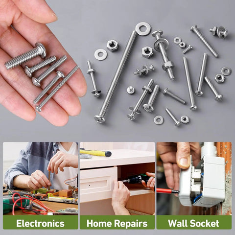 Beefy Pan Head Machine Screws With Nut And Flat Washer Assortment Kit 8-32 X 3 Full Thread 304 Stainless Steel Phillips Drive 35 Sets Includes Nuts And Washers shown in hand and used in electronics, home repairs, wall socket
