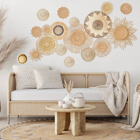 Boho Basket Round Wall Decals Set Of 18 Peel And Stick Removable Wall Stickers For Bedroom And Office Modern Rustic Decor Vibe Colorful Art