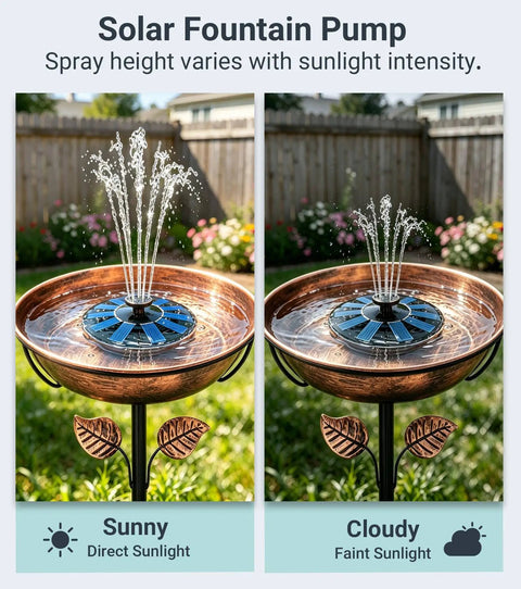 Solar Bird Bath Fountain Pump Six Volt One Point Two Watt Floating Solar Fountain With Five Spray Patterns in direct and faint sunlight