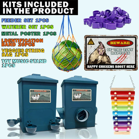 Automatic Chicken Feeder And Cup Waterer Set For Backyard Flocks No Waste Poultry Design includes feeder, waterer, and toys.