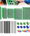 48 Piece Double Sided PCB Board Kit For DIY Soldering And Electronic Prototyping Compatible With Arduino Projects 2.54mm Header Connectors Includes Screw Terminals Jumper Caps And Multiple Size Prototyping Boards, with various board sizes, headers, and components displayed