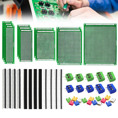 48 Piece Double Sided PCB Board Kit For DIY Soldering And Electronic Prototyping Compatible With Arduino Projects 2.54mm Header Connectors Includes Screw Terminals Jumper Caps And Multiple Size Prototyping Boards, with various board sizes, headers, and components displayed