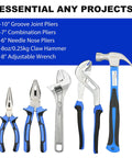 19 Piece Hand Tool Set With Easy Carrying Pouch For DIY And Home Maintenance Includes Hammer Pliers Magnetic Screwdrivers Hex Keys Adjustable Wrench And Voltage Tester For Everyday Fixes, featuring pliers and hammer.