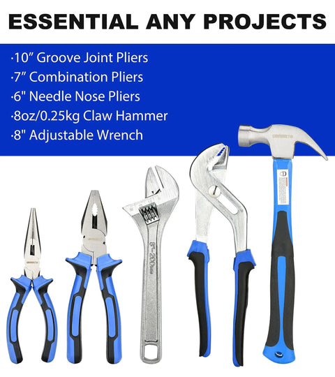 19 Piece Hand Tool Set With Easy Carrying Pouch For DIY And Home Maintenance Includes Hammer Pliers Magnetic Screwdrivers Hex Keys Adjustable Wrench And Voltage Tester For Everyday Fixes, featuring pliers and hammer.