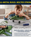 Child assembling green airplane using Metal Airplane Building Kit For Kids Ages 8 16 285 Piece DIY Mechanical Engineering Set