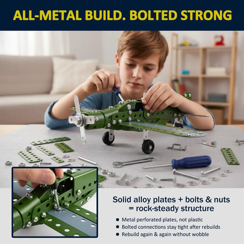 Child assembling green airplane using Metal Airplane Building Kit For Kids Ages 8 16 285 Piece DIY Mechanical Engineering Set