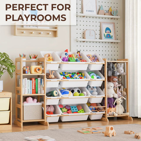Ultimate Toy Storage Organizer With Bookshelf And 12 Removable Bins For Kid's Playroom, white unit with toys and books.