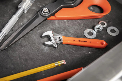 4 Inch Adjustable Cushion Grip Wrench With Ergonomic Handle, Hex Jaw Design For Tight Grips, Half Inch Capacity in toolbox