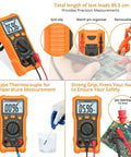 6000 Count Digital Multimeter with TRMS Auto Range and NCV; various features and applications shown in use.