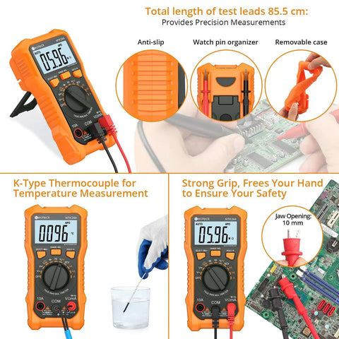 6000 Count Digital Multimeter with TRMS Auto Range and NCV; various features and applications shown in use.