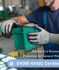 2 Pairs Cut Resistant Work Gloves for Men and Women With HPPE Nitrile Micro-Foam Grip, ANSI A3 EN388 4X42C, shown in use on glass