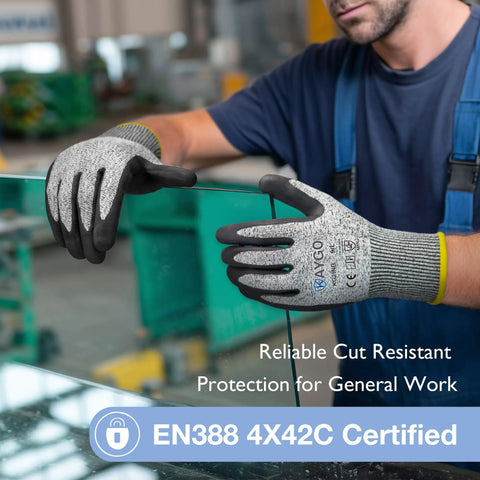2 Pairs Cut Resistant Work Gloves for Men and Women With HPPE Nitrile Micro-Foam Grip, ANSI A3 EN388 4X42C, shown in use on glass