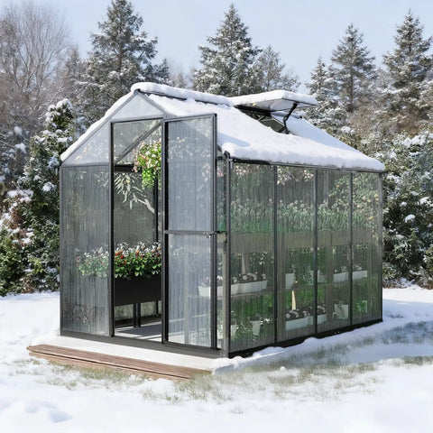 Walk In Greenhouse With Gutter And Polycarbonate Panels, Heavy Duty Aluminum Frame, Adjustable Skylight, Lockable Two Sided Door, 6 X 8 Ft, For Patio Outdoor Yard Lawn Use, Black