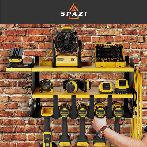 Wall Mount Power Tool Organizer Rack With Drill Holder And Tray Four Magnetic Hooks Two Shelves Pro Grade Heavy Duty Steel Cordless Tool Storage For Garage Black And Yellow mounted on brick wall showing drill holder and tools.