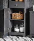Bathroom Tall Storage Cabinet Freestanding Tower With Shelves And Drawers Multifunctional Corner Unit For Small Spaces Gray Floor Standing Cabinet With Adjustable Shelves Space Saver, open door showing contents.