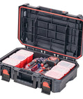 TradeStack System Tool Box With Water Resistant Construction 21 Inch Heavy Duty Storage Case with open lid showing small parts containers.