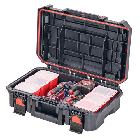 TradeStack System Tool Box With Water Resistant Construction 21 Inch Heavy Duty Storage Case with open lid showing small parts containers.