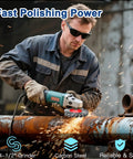 Worker using 12 Piece Wire Wheel Brush Set For Four And A Half Inch Angle Grinders With Five Eight Eleven UNC Arbor Heavy Duty Knotted