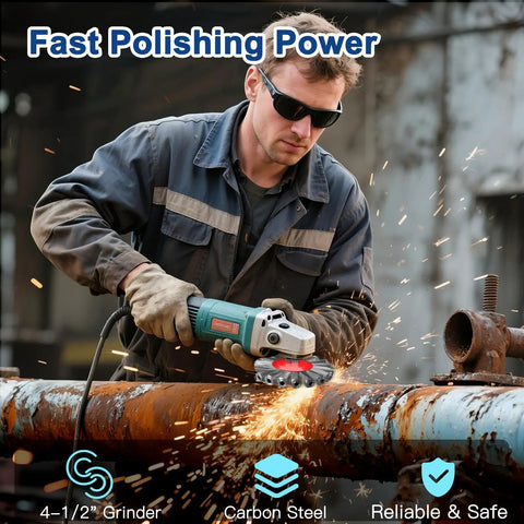 Worker using 12 Piece Wire Wheel Brush Set For Four And A Half Inch Angle Grinders With Five Eight Eleven UNC Arbor Heavy Duty Knotted