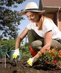 Woman using Three In One Soil Tester With Moisture, Light And PH Meter For Gardening And Lawn Care, No Batteries Required Digital Plant Probe