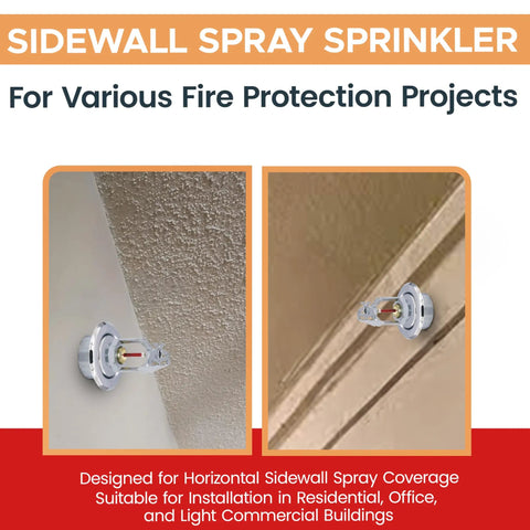 Badass Chrome Sidewall Fire Sprinkler Head With Escutcheon Horizontal Spray 1/2 Inch NPT 155F Standard Response UL Listed Heavy Duty Safety Kit Street Smart Protection, installed on ceilings.