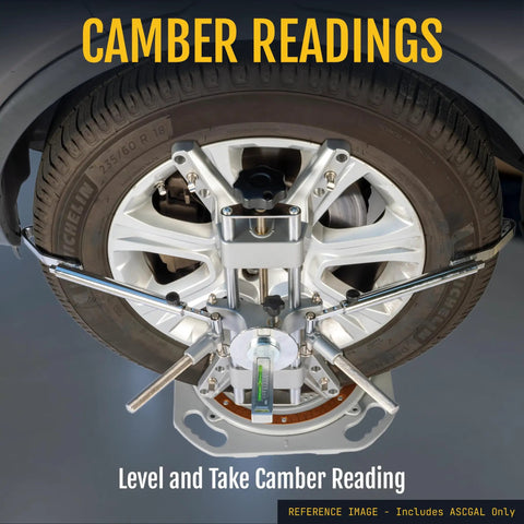 Garage Ready Camber Caster Gauge With Heavy Duty Magnetic Mount Plus Six To Minus Six Degree Range Precision Wheel Alignment Tool displaying camber readings on a wheel.