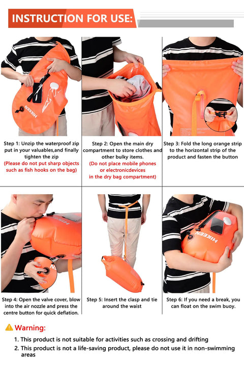 Instructions for using the Bright Orange Swim Buoy With 20L Dry Bag Must-Have Fully Waterproof Floating Safety Float With Touchscreen Access