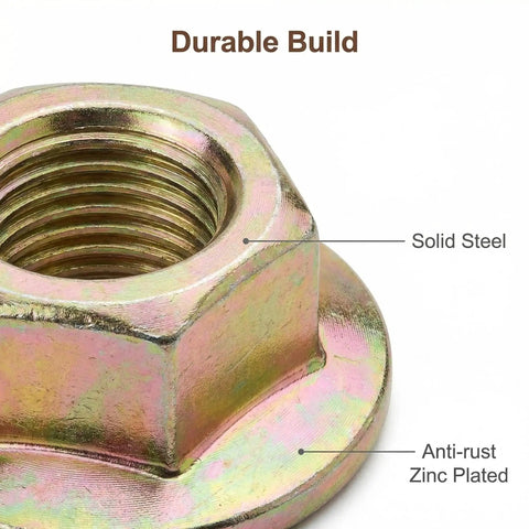 Top Shelf Drop In Lawn Mower Spindle Blade Nut Hex Flange Fastener with 5/8-18 Thread, solid steel, anti-rust zinc-plated.