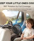 Dual Head Backseat Car Fan With 360 Swivel Rotation Plus Usb Powered Design Brings Sweet Adjustable Cool Airflow To Keep The Backseat Crew Completely Chill On Summer Rides with child smiling in car.