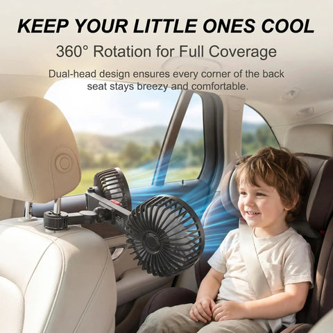 Dual Head Backseat Car Fan With 360 Swivel Rotation Plus Usb Powered Design Brings Sweet Adjustable Cool Airflow To Keep The Backseat Crew Completely Chill On Summer Rides with child smiling in car.