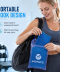 Woman storing Ultra Chill Cooling Towels For Neck 4 Pack 47 By 12 Inches Microfiber in bag with hook pouch in gym setting.