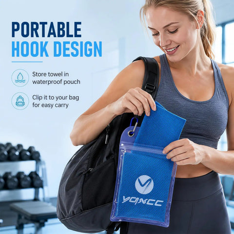 Woman storing Ultra Chill Cooling Towels For Neck 4 Pack 47 By 12 Inches Microfiber in bag with hook pouch in gym setting.