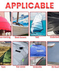 Image of Heavy Duty Outdoor Repair Tape For Awnings Tarps Ripstop Fabrics Boat Covers Tents And Sails Waterproof UV Resistant Black Patch Kit For Quick Pro Grade Tough As Nails All Weather Fixes showing various applications on awnings, boat covers, sails, underbelly, tents, car covers, umbrellas, and RV roofs.