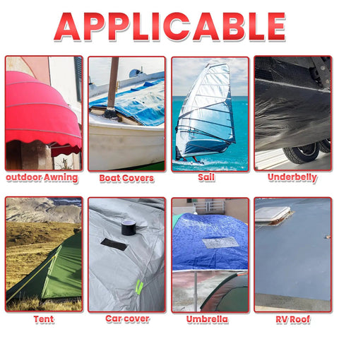Image of Heavy Duty Outdoor Repair Tape For Awnings Tarps Ripstop Fabrics Boat Covers Tents And Sails Waterproof UV Resistant Black Patch Kit For Quick Pro Grade Tough As Nails All Weather Fixes showing various applications on awnings, boat covers, sails, underbelly, tents, car covers, umbrellas, and RV roofs.