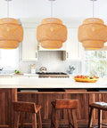 Handwoven Bamboo Pendant Light For Boho Farmhouse Vibe, 15.75 Inch Rattan Hanging Lamp illuminating modern kitchen