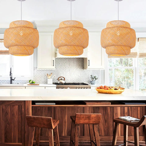 Handwoven Bamboo Pendant Light For Boho Farmhouse Vibe, 15.75 Inch Rattan Hanging Lamp illuminating modern kitchen