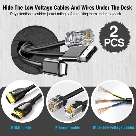2 Inch Desk Grommet Set Black Plastic Cable Hole Covers For Office Desks And Tables with cables going through