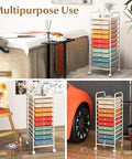 Rolling Utility Cart With Ten Drawers, Lockable Wheels, Easy Grab Handles, shown in salon, studio, and garage settings.