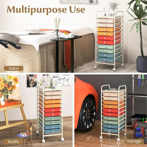 Rolling Utility Cart With Ten Drawers, Lockable Wheels, Easy Grab Handles, shown in salon, studio, and garage settings.