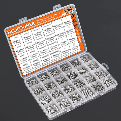 All In One 1280 Piece Stainless Steel Hex Socket Cap Screw Kit M2 M2.5 M3 M4 With Nuts Washers And Hex Wrenches in case